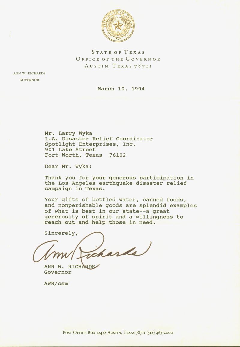 Letter of Appreciation from Texas Governor Ann Richards to Lars Wyka
